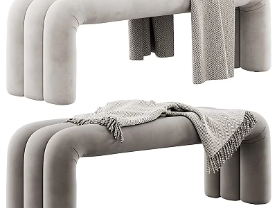 Gray Velvet Sofa Bench With Modern Curved Design And Cozy Decorative Blanket 3d model