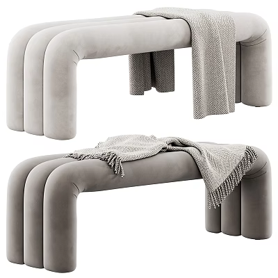 Gray Velvet Sofa Bench With Modern Curved Design And Cozy Decorative Blanket 3d model