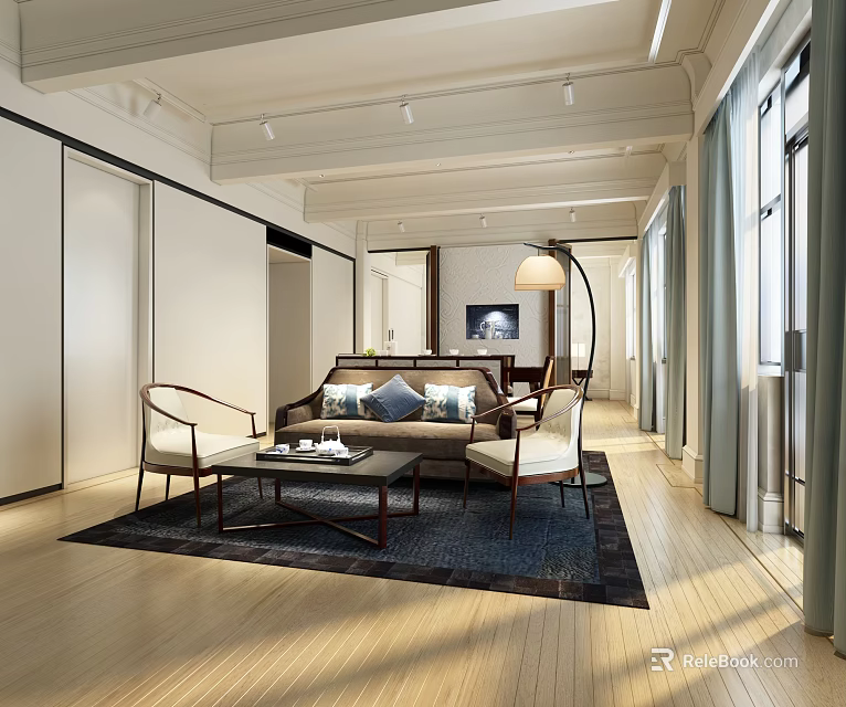 Elegant Modern Living Room Interior With Sofa Coffee Table Floor Lamp And Rug 3d model 