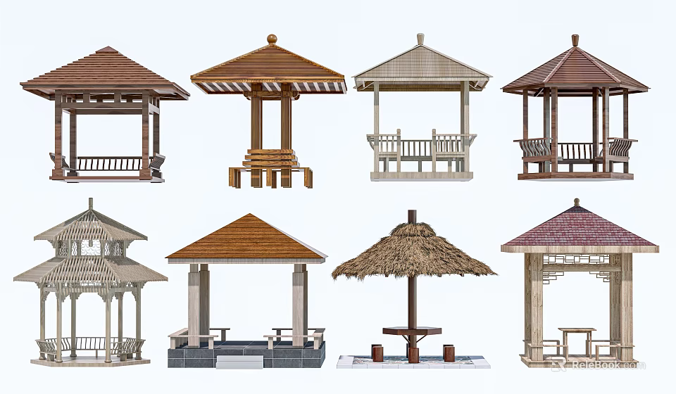 Assorted Garden Pavilions With Thatched Tiled Roofs And Wooden Seating Structures 3d model 