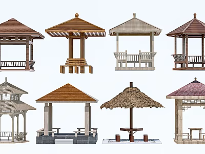 Assorted Garden Pavilions With Thatched Tiled Roofs And Wooden Seating Structures 3d model
