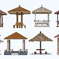Assorted Garden Pavilions With Thatched Tiled Roofs And Wooden Seating Structures