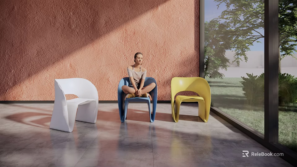 Comfortable Modern Leisure Chairs White Blue Yellow With Orange Wall Large Window Outdoor Nature View 3d model 