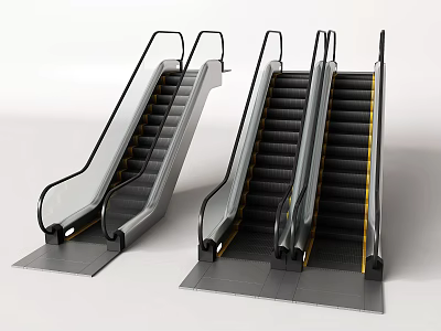 Modern Escalators With Metal Handrails Black Steps And Transparent Sides 3d model
