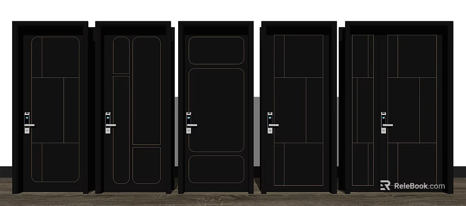 Black Security Doors with Various Modern Panel Designs and Secure Locks 3d model 