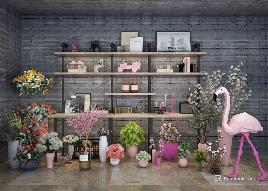 Bonsai Potted Plants With Various Flowers Displayed On Shelves And Pink Flamingo Decor 3d model 
