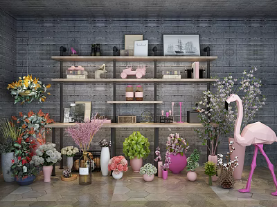 Bonsai Potted Plants With Various Flowers Displayed On Shelves And Pink Flamingo Decor 3d model