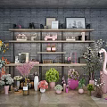 Bonsai Potted Plants With Various Flowers Displayed On Shelves And Pink Flamingo Decor