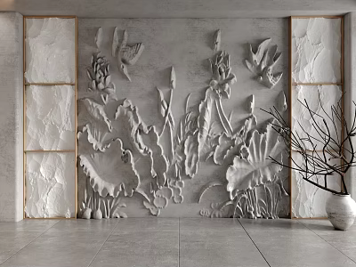 Gray Wall Featuring 3D Relief Lotus Flowers and Leaves Birds Light Frames and White Vase 3d model