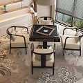 Modern Chinese Square Wooden Table With Four Beige Upholstered Chairs On Patterned Rug