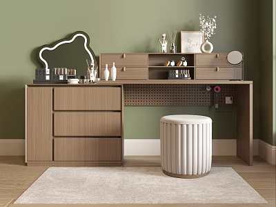 Wooden Dressing Table With Mirror Decorative Items White Ribbed Stool Green Wall And Light Rug 3d model