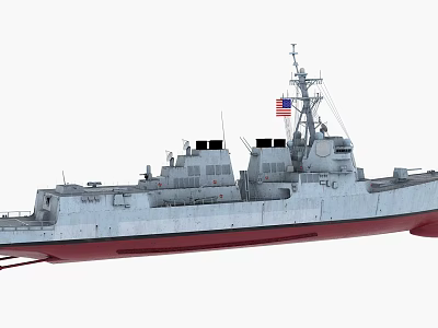 American Warship With Gray Hull Red Bottom And American Flag On Mast 3d model