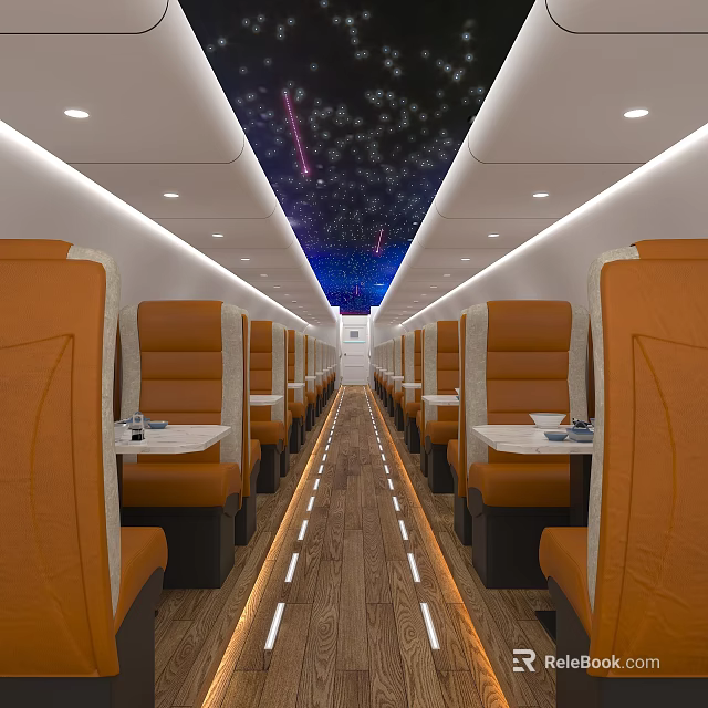 Modern Transport Cabin Interior With Orange Seats Starry Sky Ceiling And Wooden Floor 3d model 