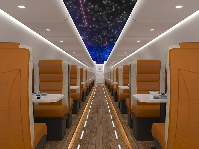 Modern Transport Cabin Interior With Orange Seats Starry Sky Ceiling And Wooden Floor 3d model