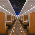 Modern Transport Cabin Interior With Orange Seats Starry Sky Ceiling And Wooden Floor