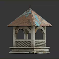 Classic Rustic Wooden Pavilion With Copper Roof Arched Design And Base Structure