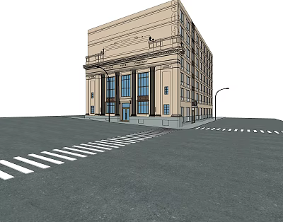 Multi Story Building With Classic Facade Large Windows Balcony On Street Corner And Zebra Crossing 3d model