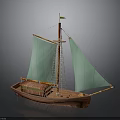 Traditional Wooden Sailing Boat With Green Sails Mast And Cabin As Water Transport