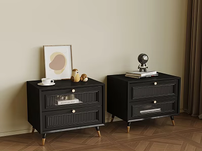 Stylish Black Nightstands With Drawers And Decor Items Artwork Cup Figurine Globe And Books 3d model