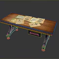 Wooden Office Desk With Vintage Papers On Surface And Decorative Metal Legs
