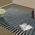 Square Blue Gray Striped Rug on Wooden Floor with White Bouquet Vase and Folded Newspaper