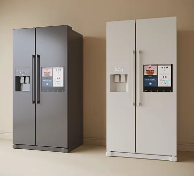Modern Double Door Refrigerators Gray And White With Digital Screens And Water Dispenser 3d model