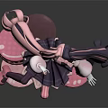 Anime Elf Character With Twin Pink Black Tails In Lolita Dress Sitting On Macaron Base