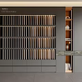 Modern Dark Gray Bookcase Featuring Vertical Slats Open Shelves And Drawers