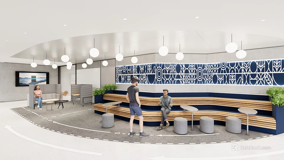 Modern Break Room Interior With Geometric Pattern Wall Pendant Lights And Benches 3d model 