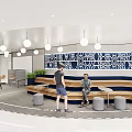 Modern Break Room Interior With Geometric Pattern Wall Pendant Lights And Benches