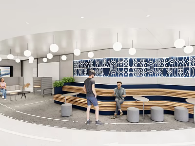 Modern Break Room Interior With Geometric Pattern Wall Pendant Lights And Benches 3d model