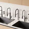 Modern Double Kitchen Sinks With Various Faucet Designs On Light Speckled Countertop