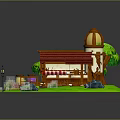 Cartoon Style House Scene With Red Roof Dome Tower Trees Lawn And Wooden Path