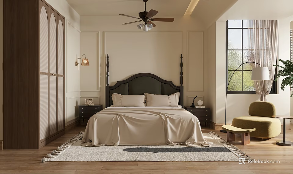 Cozy Bedroom With Ceiling Fan Tall Headboard Beige Bedspread Nightstands Wall Lamps And Large Window 3d model 