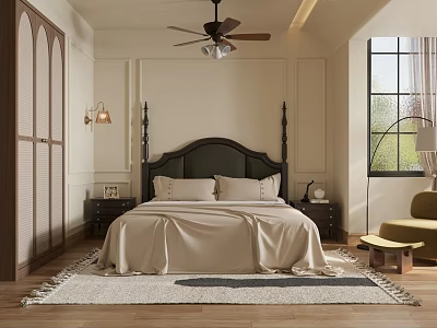 Cozy Bedroom With Ceiling Fan Tall Headboard Beige Bedspread Nightstands Wall Lamps And Large Window 3d model