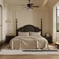 Cozy Bedroom With Ceiling Fan Tall Headboard Beige Bedspread Nightstands Wall Lamps And Large Window
