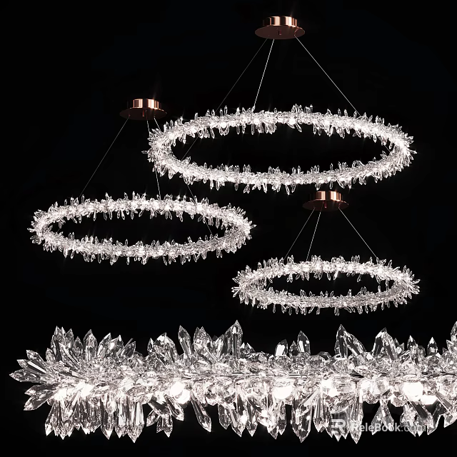 Modern Circular Crystal Chandeliers With Copper Accents Hanging Against Black Background 3d model 