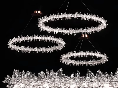 Modern Circular Crystal Chandeliers With Copper Accents Hanging Against Black Background 3d model