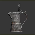 Vintage Rusty Metal Wine Jug With Lid And Handle On Black Reflective Surface Design