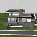 Modern Detached Villa with Unique Roof Design Surrounded by Trees and Large Windows