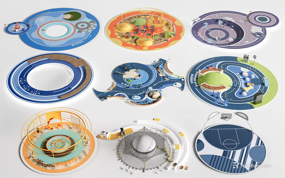 Colorful Children’s Playground Equipment Featuring Various Fun Designs Slides Climbing Areas And Sports Courts 3d model 