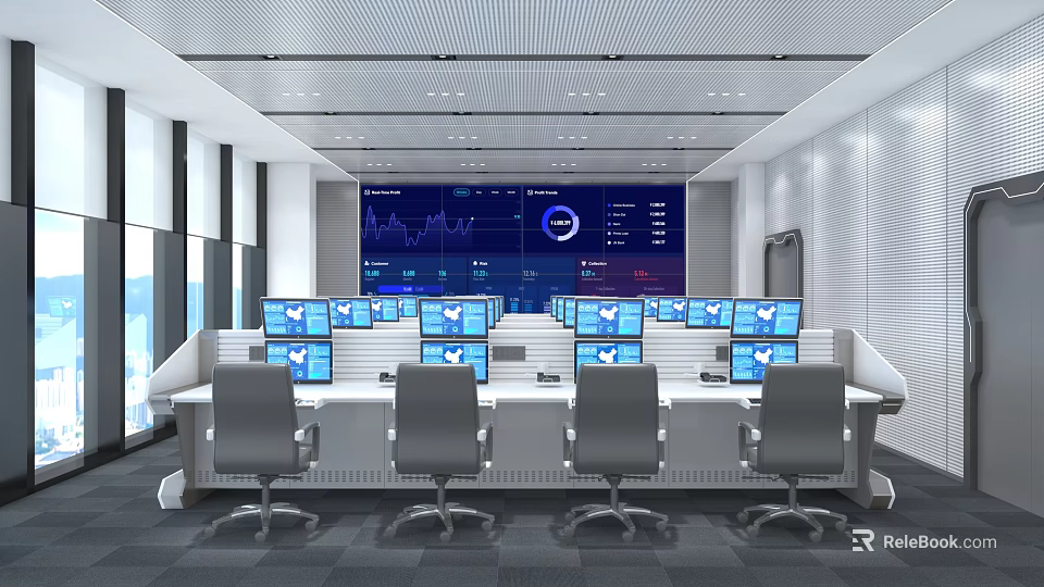 Modern Control Room Interior With Multiple Computer Screens And Data Display Wall 3d model