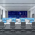 Modern Control Room Interior With Multiple Computer Screens And Data Display Wall 3d model