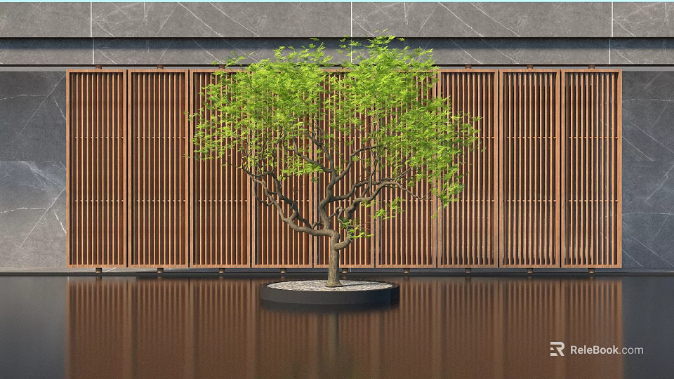 Arbor In Black Circular Planter With Wooden Vertical Slat Screen And Water Reflective Ground 3d model 