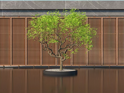 Arbor In Black Circular Planter With Wooden Vertical Slat Screen And Water Reflective Ground 3d model