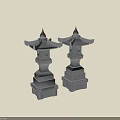 Traditional Japanese Stone Lantern With Pointed Top And Multi Tiered Carved Base