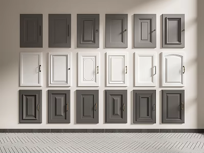 Gray And White Cabinet Doors With Various Handle Styles Arranged On Wall 3d model