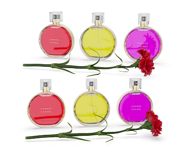 Elegant Perfume Cosmetics Colorful Bottles With Red Flowers And Refined Design 3d model