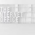 Modern Office Wall with THE INTERNET OFFICE Text and Geometric Lines Design