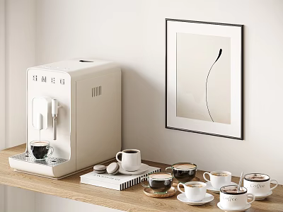 Coffee Machine And Various Cups On Wooden Shelf With Art 3d model